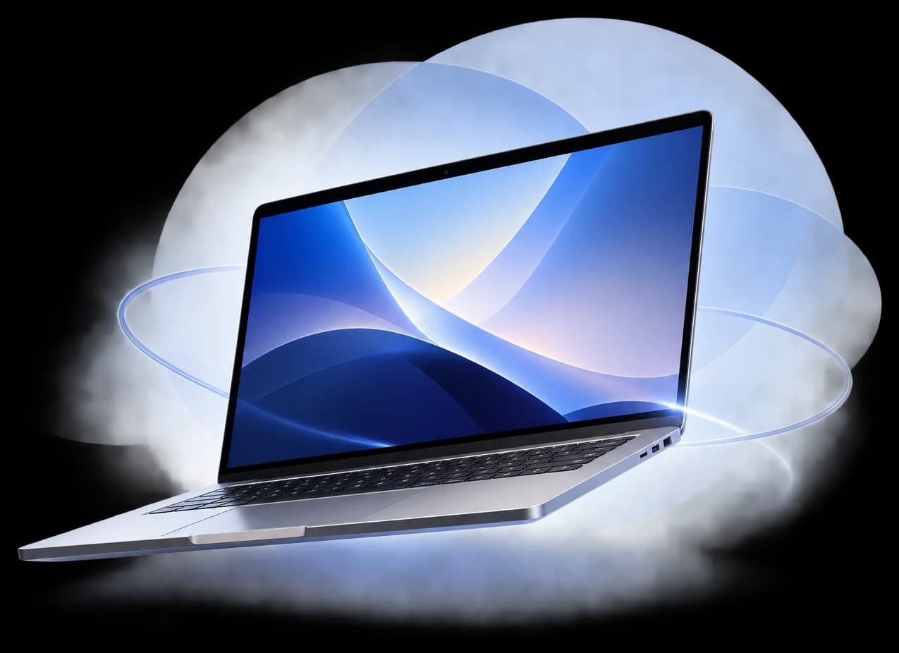Ilustrasi laptop terbuka melayang dengan cahaya biru lembut