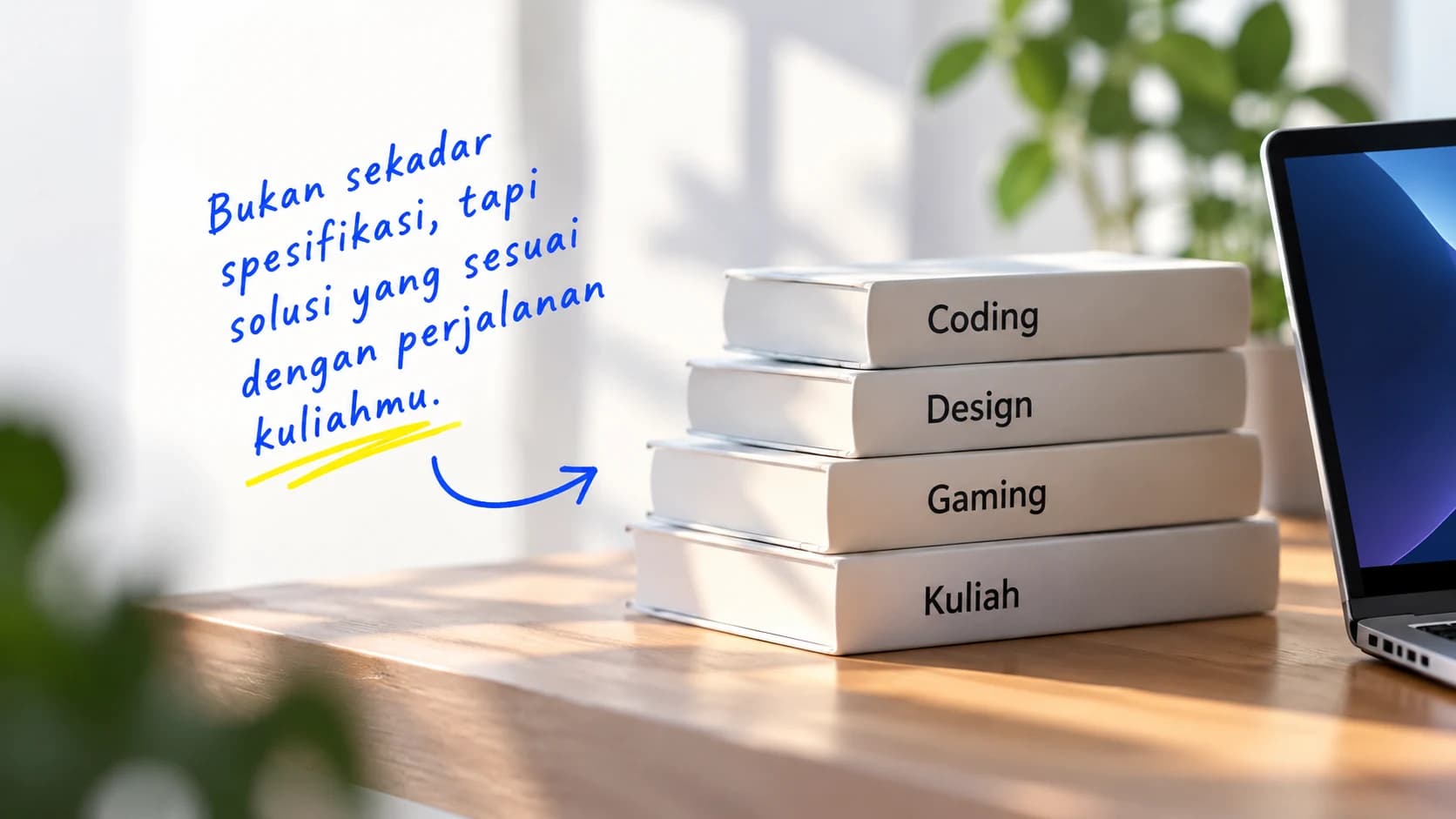 Tumpukan buku berlabel Coding, Design, Gaming, dan Kuliah di meja dengan tulisan tangan: bukan sekadar spesifikasi, tapi solusi yang sesuai dengan perjalanan kuliahmu