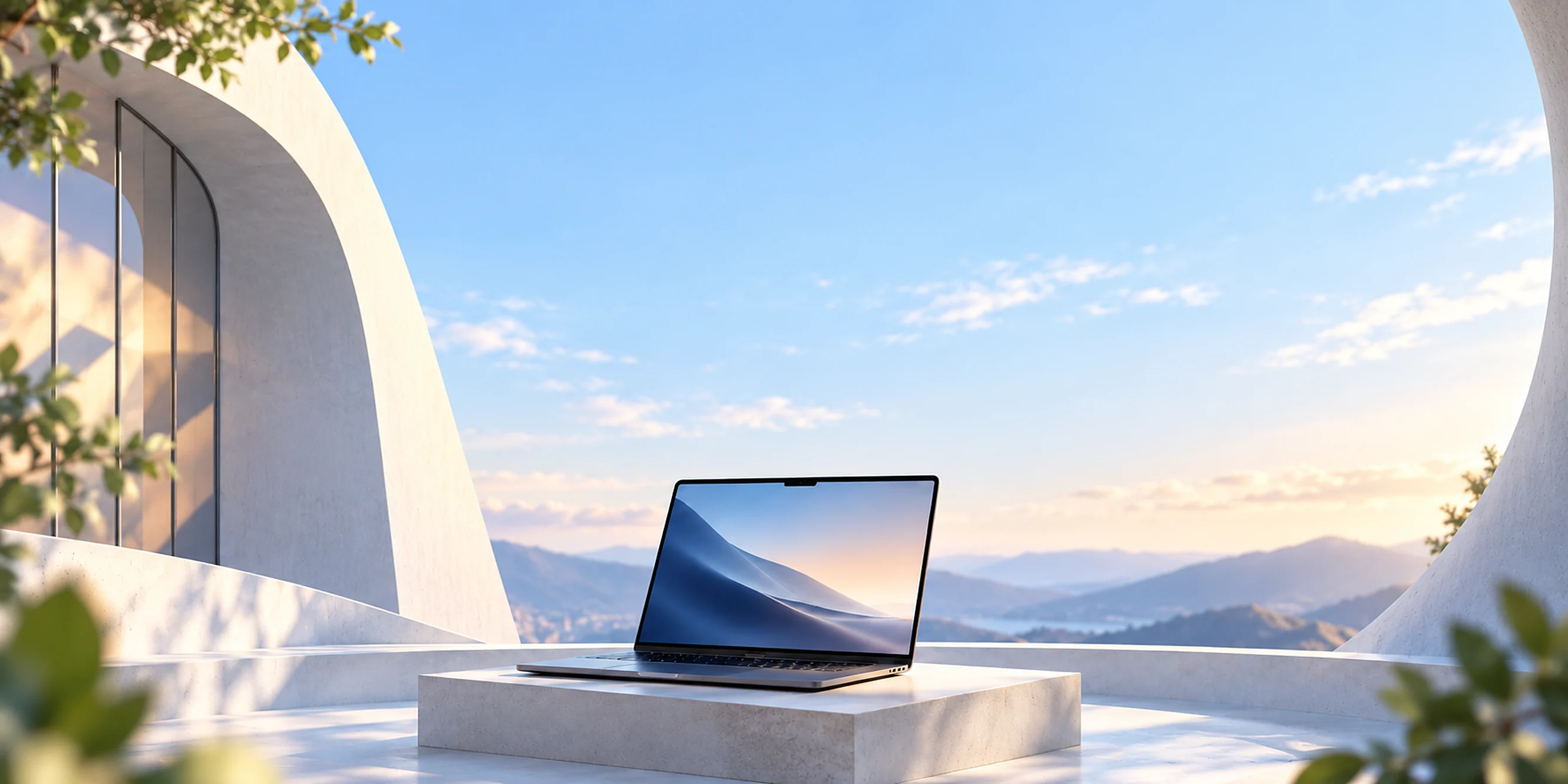 Laptop terbuka di atas alas batu di teras putih, dengan langit biru dan pegunungan di kejauhan