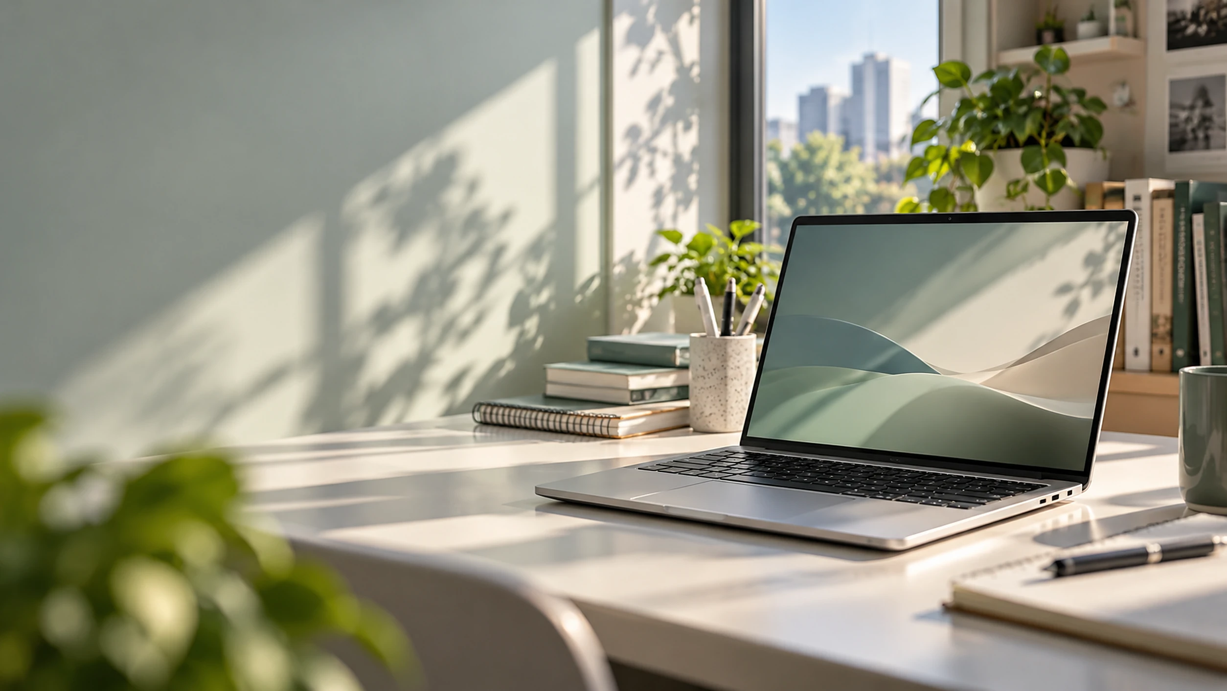 Ilustrasi laptop silver di meja belajar minimalis yang terang, bukan foto produk asli